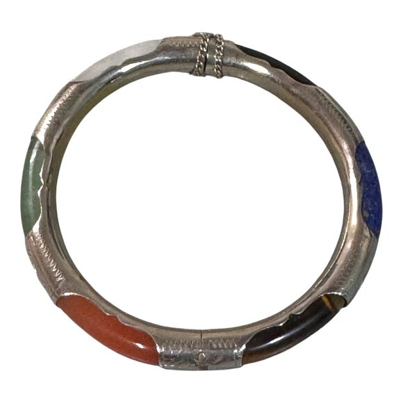 Sterling Silver 925 Green Lavender Black & Red Jade Cabochon Bangle Bracelet - Picture 1 of 9